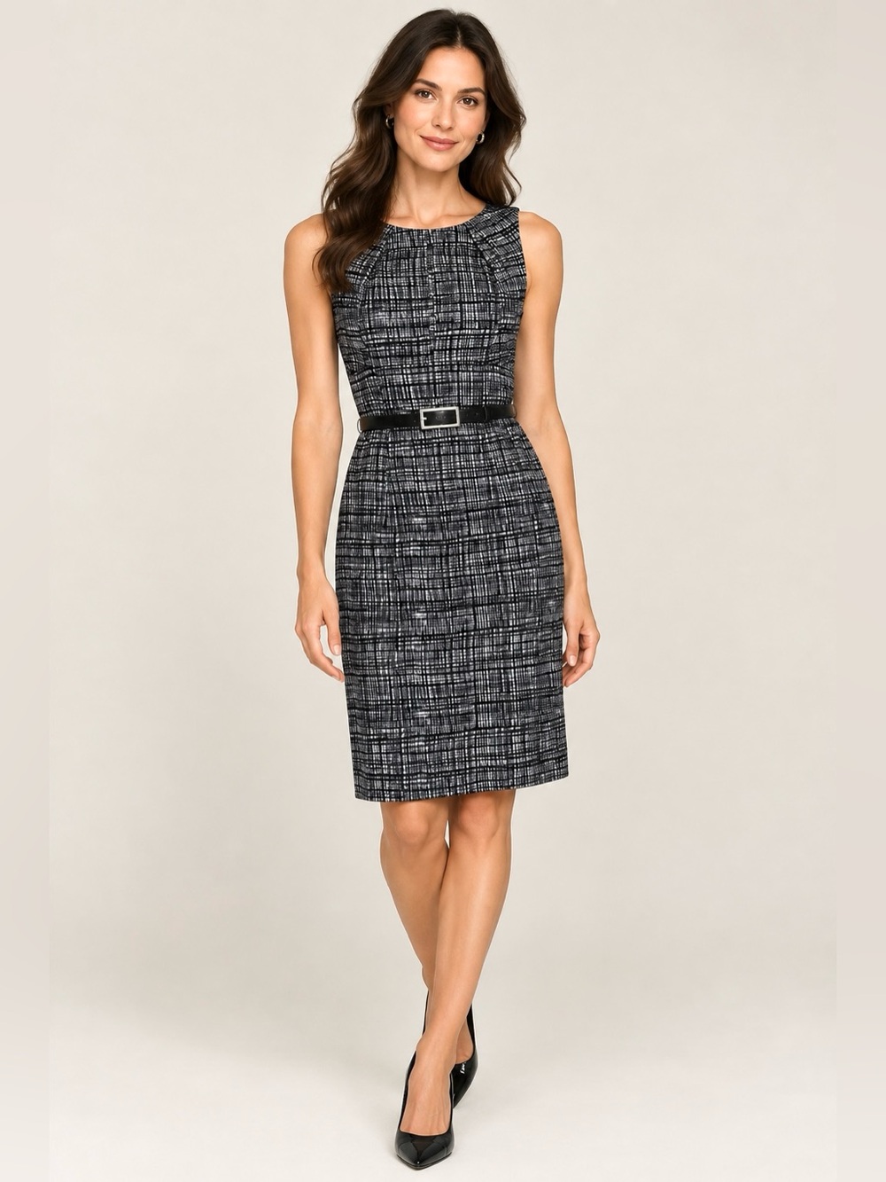 Eliza J Black & White Printed Sheath Dress with Boat neckline